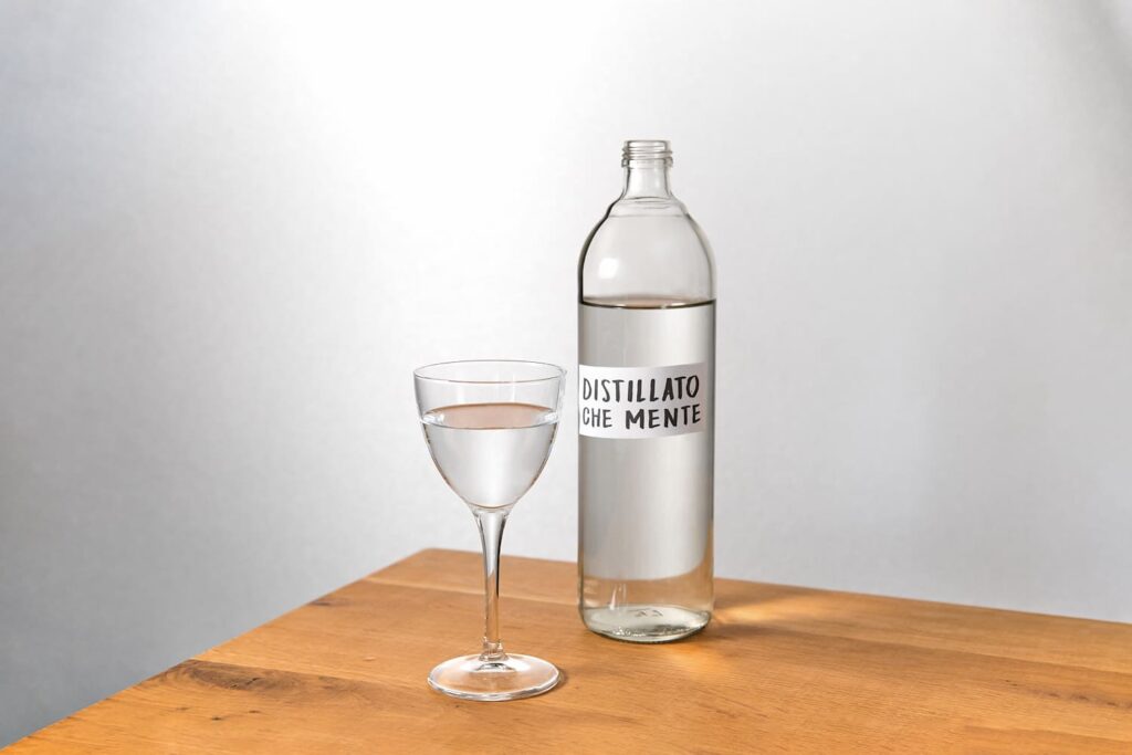 Una bottiglia di 'Distillato che Mente' appoggiata su un tavolo